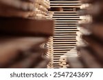 Wooden pallets. Wooden pallets for transportation of building materials. Pallets made of renewable wood. Out of focus.