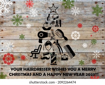 Wooden panel for background. rough, vintage, abstract wallpaper. Hairdresser Christmas greetings card. Barber, hairstylist, fashion, luxury