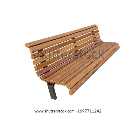 Wooden park bench with metal frame and varnished timber slats, seen from the side. Isolated on a white background 