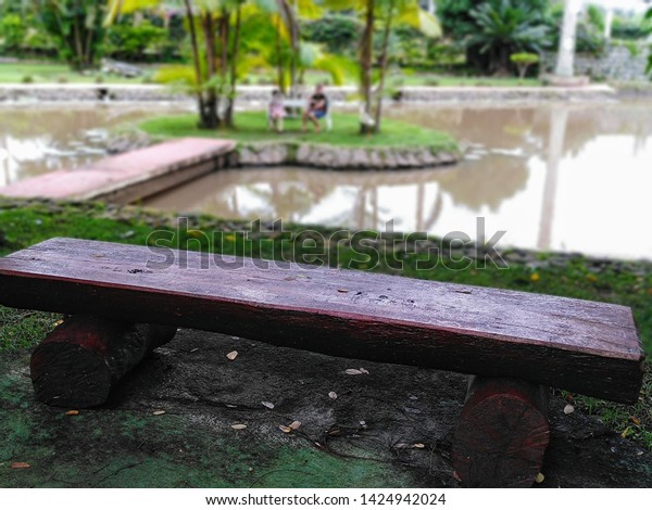 Wooden Park Bench Near Pond Children Stock Photo Edit Now 1424942024