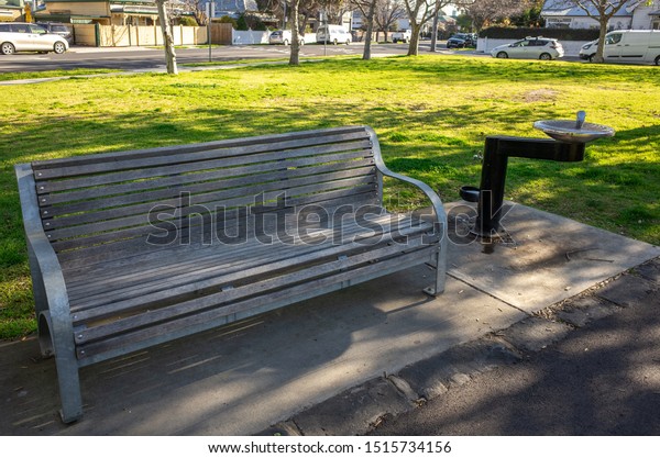 Wooden Park Bench Next Drinking Water Stock Photo Edit Now