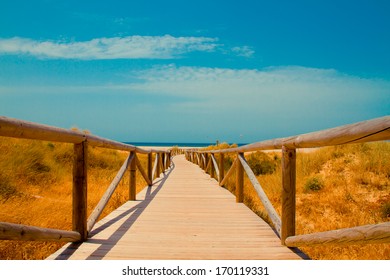 Wooden Path To The Beach In Tarifa, Andalusia, Spain, Costa De La Luz