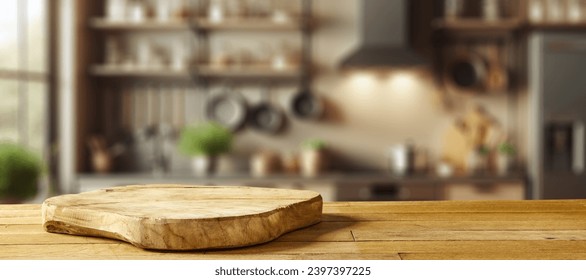 Wooden pedestal of free space for your decoration. Kitchen interior with furniture. Window and morning sun light. Board of brown wood and mockup backdrop. Empty space for your products, natural light  - Powered by Shutterstock