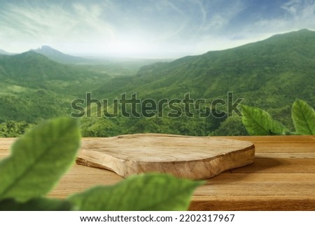 Wooden pedestal on table and green landscape of mountains. 
