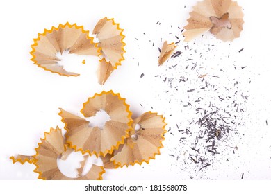 Wooden Pencil Shavings On White Paper Background