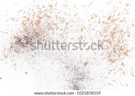 Wooden pencil shavings from sharpener isolated on white background, top view