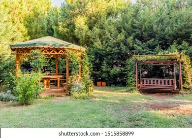 Wooden Pergola And Swing In Garden With Lamp And Trees.