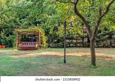 Wooden Pergola And Swing In Garden With Lamp And Trees.