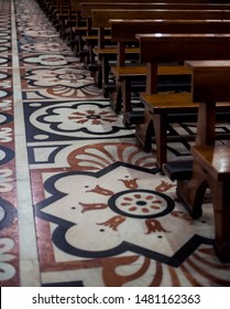 Wooden Pews On An Ornate Church Floor, Beautiful Old Church, Mosaic Granite Floor