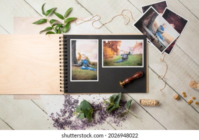 Wooden Photo Album On A Neutral Background - Mockup