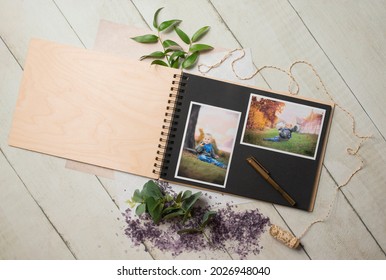 Wooden Photo Album On A Neutral Background - Mockup