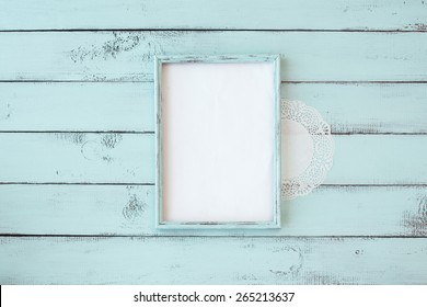 Wooden Photo Frame On Mint Shabby Chic Background