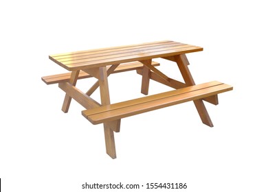 Wooden Picnic Table Or Wooden Bench Isolated On White Background. 