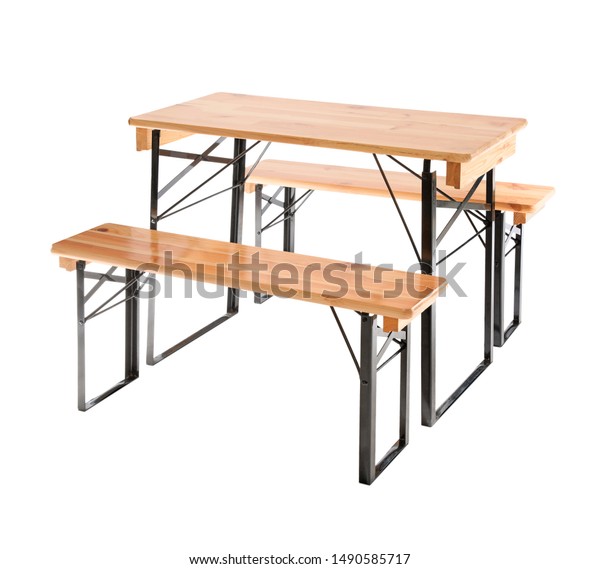 Wooden Picnic Table Benches On White Objects Stock Image
