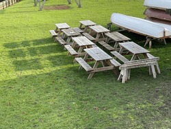 Wooden Picnic Tables On Green Grass At Boat Club