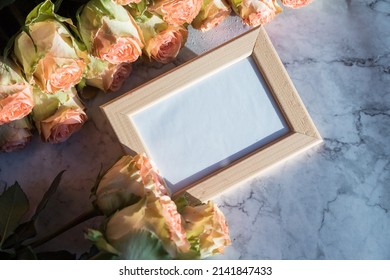 Wooden Picture Frame With Decorations. Mock Up For Your Photo Or Text Place Your Work, Print Art.Holiday Mock Up, Corel, Orange Roses