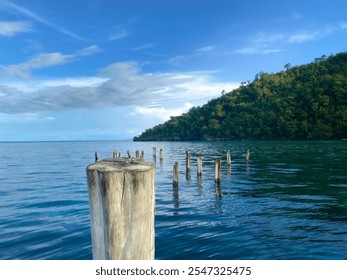 Wooden pier extending into a calm turquoise sea, with a lush green island in the background under a clear blue sky. Perfect for travel, vacation, and relaxation themes - Powered by Shutterstock