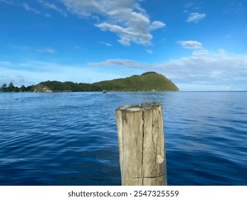 Wooden pier extending into a calm turquoise sea, with a lush green island in the background under a clear blue sky. Perfect for travel, vacation, and relaxation themes - Powered by Shutterstock