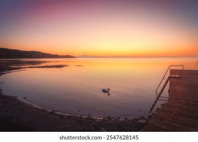 Wooden pier and a ladder on Lake Trasimeno and a swan at sunset. Torricella, Magione, province of Perugia, Umbria region, Italy - Powered by Shutterstock