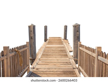 Wooden pier with metal poles and a fence, isolated on a transparent background, during the off-season