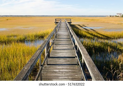 Wooden Pier Over Swamp In North Wildwood, New Jersey