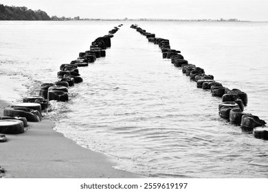 Wooden pier supports left after its destruction. Black and white photo of the seashore. - Powered by Shutterstock