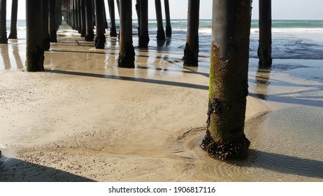 Wooden piles under boardwalk, old pier in Oceanside, California coast USA. Pilings, pylons or pillars below retro vintage bridge, waterfront promenade. Ocean waves, sea water tide and sand beach.