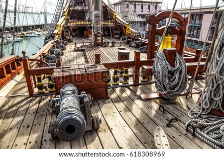Wooden pirate ship for tourists in Genova port