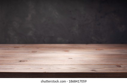 Wooden Plank Board Table And Wall Background, Front Low Angle View