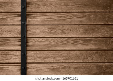 Wooden Planks Background With Black Metal Bar On Left Side Or Brown Wood Grain Texture