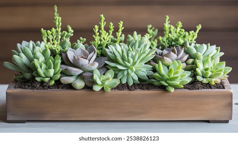 A wooden planter filled with succulent plants. - Powered by Shutterstock