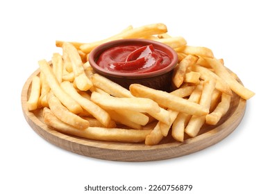 Wooden plate of delicious french fries with ketchup on white background - Shutterstock ID 2260756879