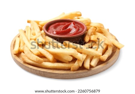 Wooden plate of delicious french fries with ketchup on white background