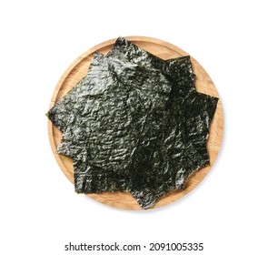 Wooden Plate With Dry Nori Sheets On White Background, Top View