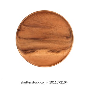 Wooden Plate Isolated On White Background, Top View.