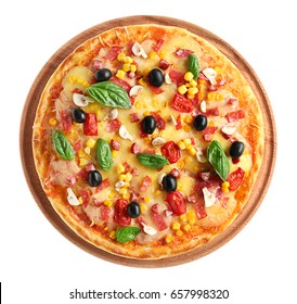 Wooden Plate With Tasty Pizza Isolated On White