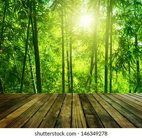 Wooden platform and Asian Bamboo forest with morning sunlight.