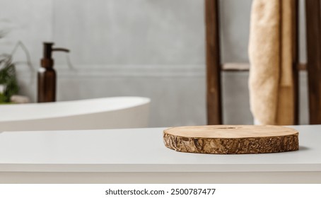 Wooden podium for bath and spa products with blurred bathroom background