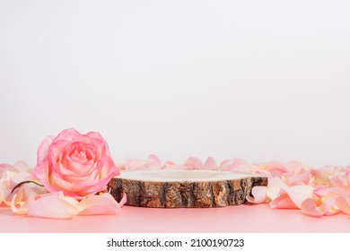 Wooden podium with pink rose and petals to demonstrate products, cosmetics and gifts. Valentine, mother day and women day concept