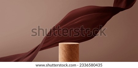 Wooden podium and satin fabric floating on brown background. Luxury product placement mockup with flying cloth. Premium fashion and beauty stage platform template.