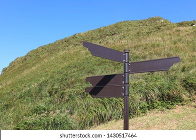 A wooden pointer on the roadside of the track on the top of mountain with many  silver grass floating in the wind.