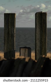 Wooden Poles At Durham Coast In England.