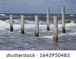 Wooden poles at the Dutch coast standing in the water due to high tide