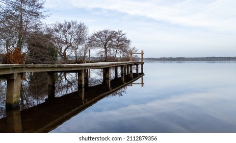 Wooden Pontoon On Morning Sunrise On Lake Léon In Landes Leon France