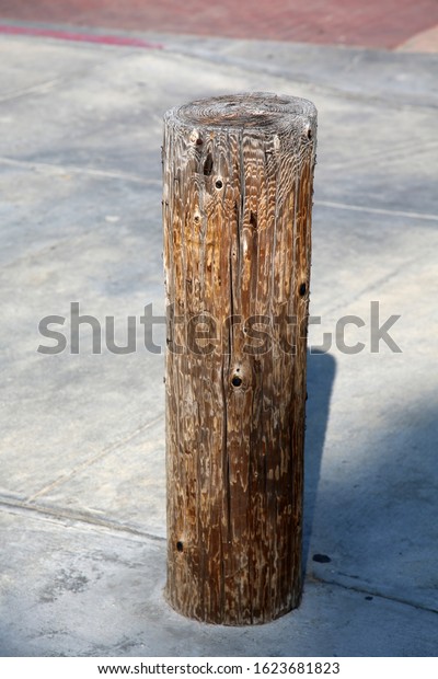A wooden post. A wooden post as a car\
barrier keeping unwanted traffic from entering a public area. Wood\
makes good barriers to control traffic.\
