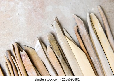 Wooden Pottery Tools Set On A Ceramics Studio Background