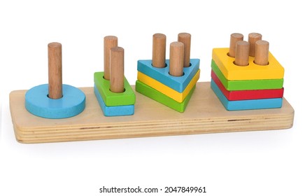 Wooden preschool children's toy, designed to teach counting. Children's toy for counting. Isolated on white background with natural shadow. A fun toy for small children, designed for playful counting.