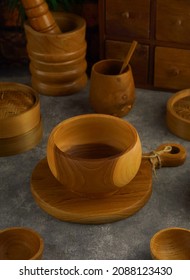 Wooden props, indonesian traditional props, bowl, cutting board, cup, spon, spice grinder