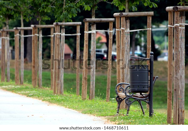 Wooden Public Park Bench Wrought Iron Miscellaneous Nature