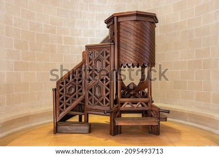 Wooden Pulpit used in homilies by priests in Barcelona, Catalonia, Spain. 